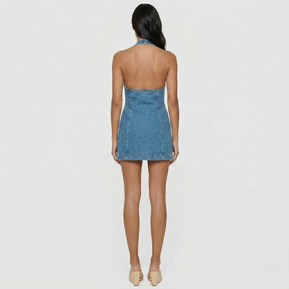 Femme Mini Robe Jean sans Manches avec Col Halter et Cut-out