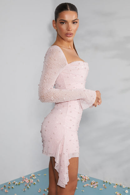 Femme Mini Robe Manche Longue Col Carré Ornée de Perles et Dos Nu