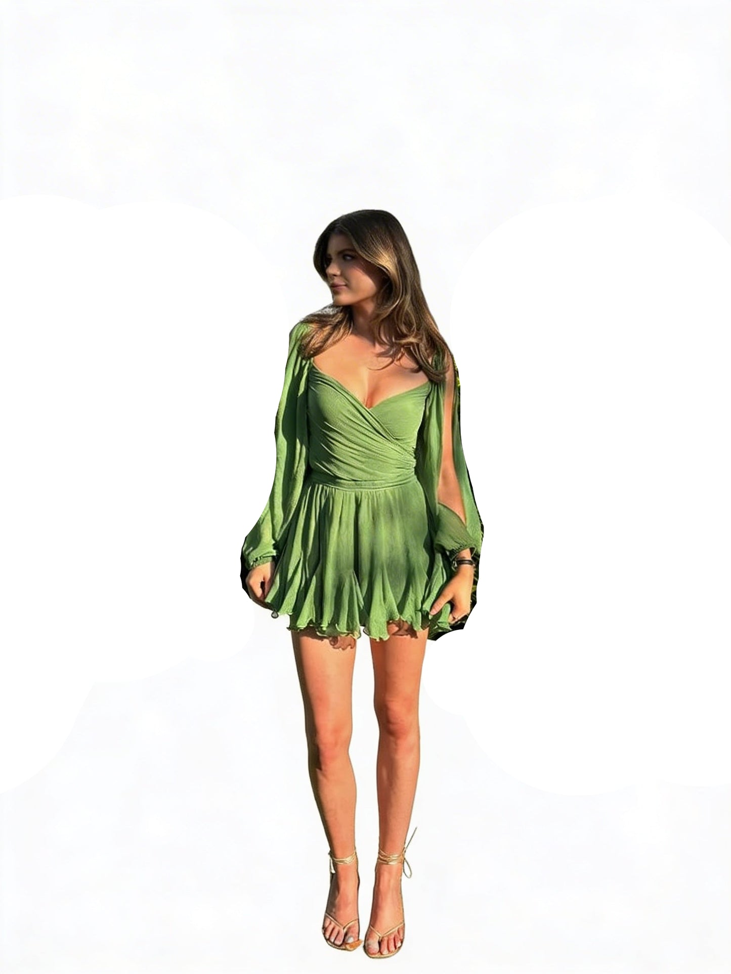 Femme Mini Robe Portefeuille avec Manches Ballon et Encolure en V