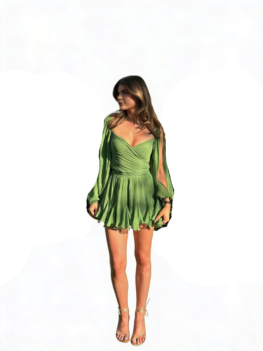 Femme Mini Robe Portefeuille avec Manches Ballon et Encolure en V