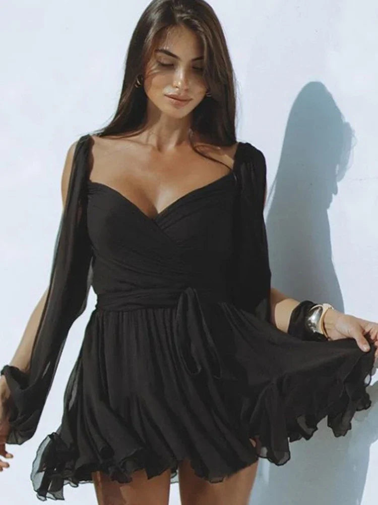 Femme Mini Robe Portefeuille avec Manches Ballon et Encolure en V