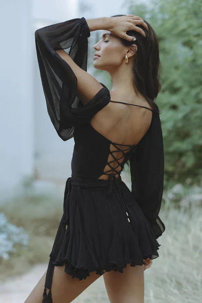 Femme Mini Robe Portefeuille avec Manches Ballon et Encolure en V
