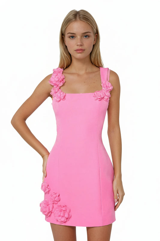 Femme Mini Robe Sans Manches à Col Carré avec Appliqués Floraux 3D