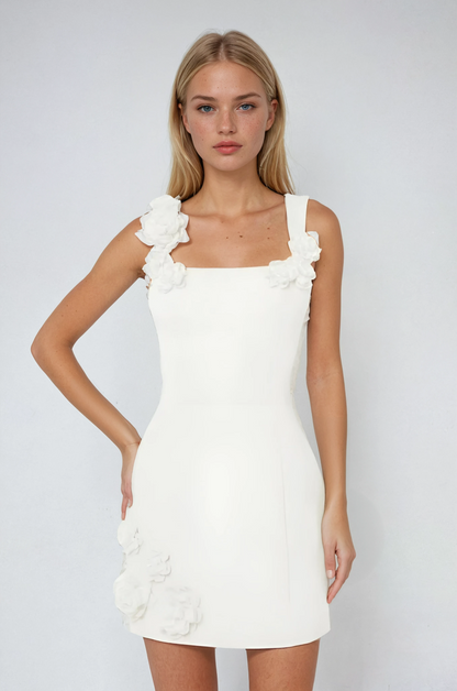 Femme Mini Robe Sans Manches à Col Carré avec Appliqués Floraux 3D