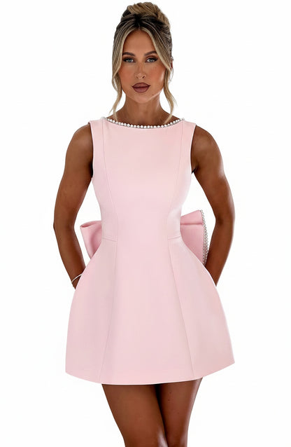 Femme Mini Robe sans Manches A-ligne avec Nœud au Dos et Col Orné de Perles