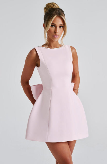 Femme Mini Robe sans Manches A-ligne avec Nœud au Dos et Col Orné de Perles