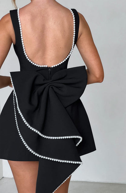 Femme Mini Robe sans Manches A-ligne avec Nœud au Dos et Col Orné de Perles