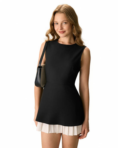 Femme Mini Robe Sans Manches Col Rond avec Empiècement Plissé et Fermeture Éclair