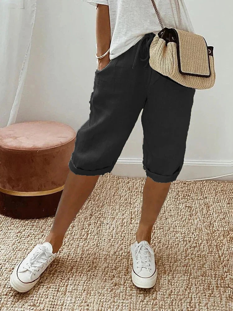 Femme Pantacourt avec Taille Élastique, Cordon et Poches Latérales