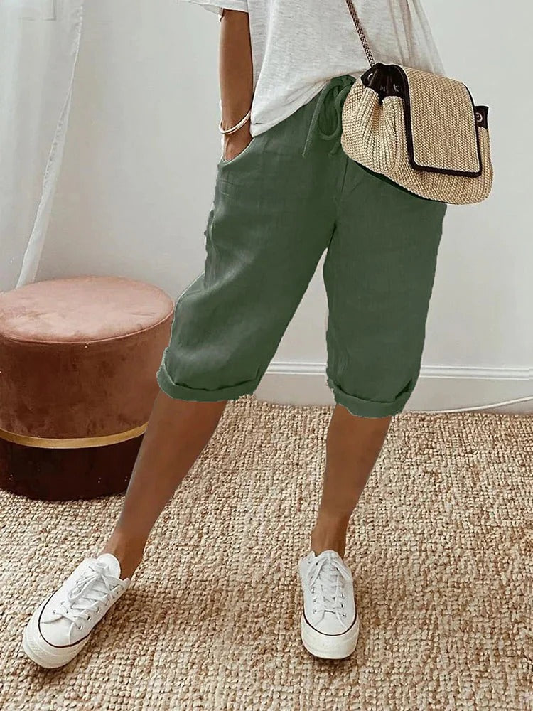 Femme Pantacourt avec Taille Élastique, Cordon et Poches Latérales
