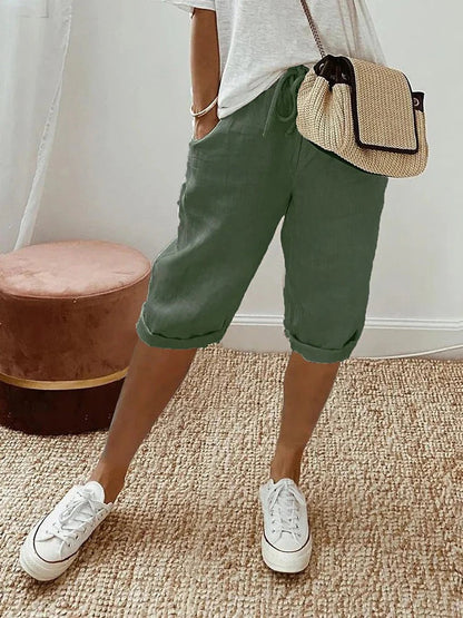 Femme Pantacourt avec Taille Élastique, Cordon et Poches Latérales