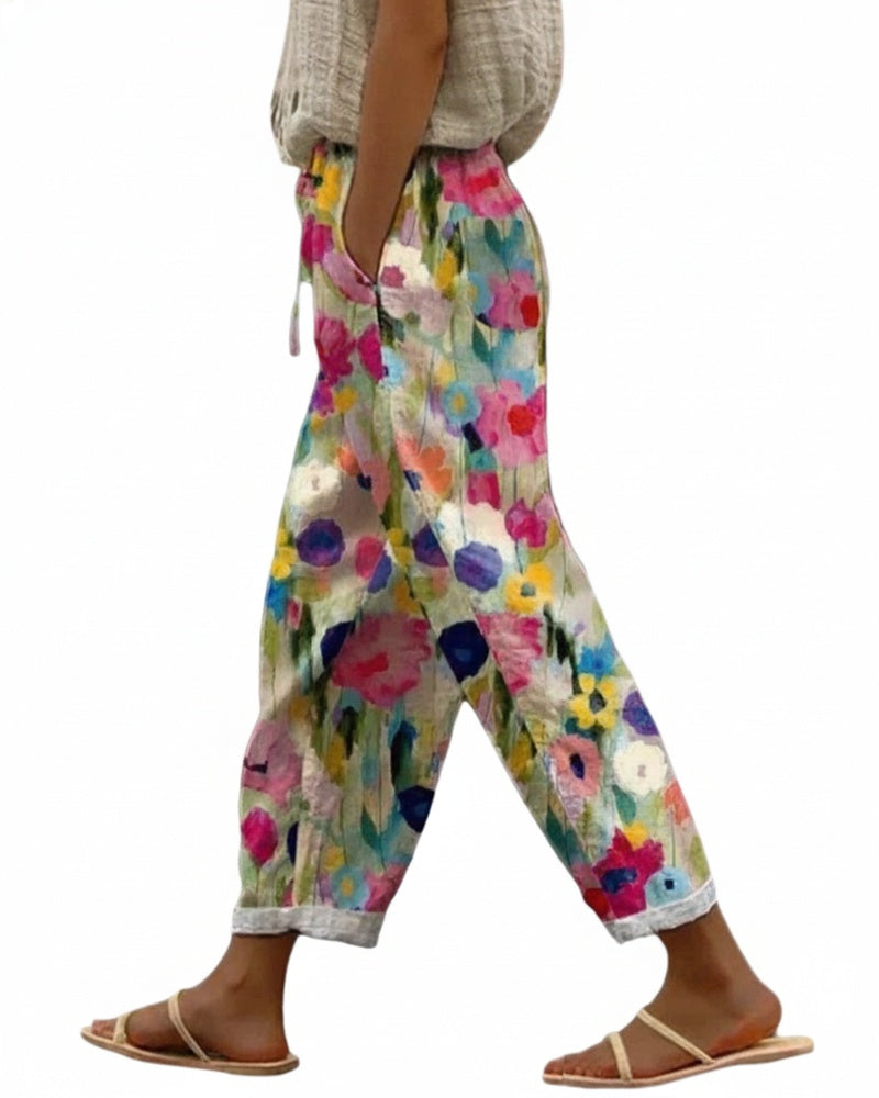 Femme Pantalon Ample à Imprimé Floral avec Taille Élastiquée