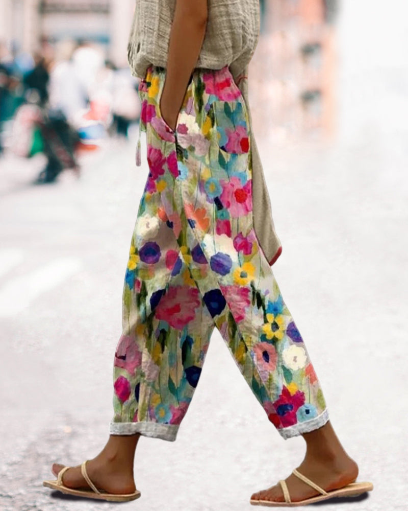 Femme Pantalon Ample à Imprimé Floral avec Taille Élastiquée