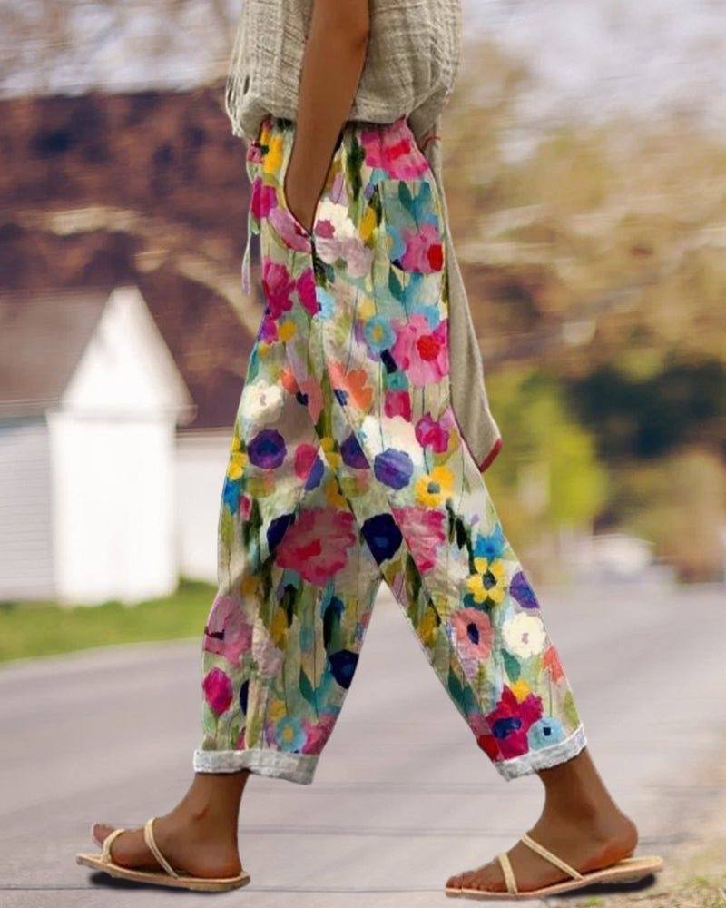 Femme Pantalon Ample à Imprimé Floral avec Taille Élastiquée