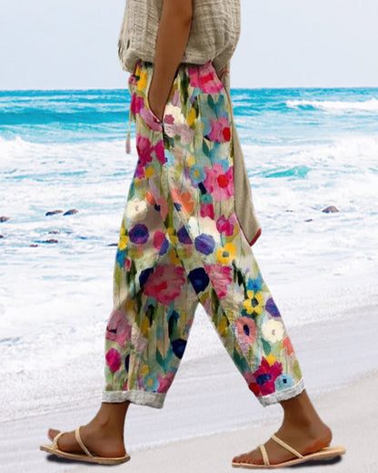 Femme Pantalon Ample à Imprimé Floral avec Taille Élastiquée