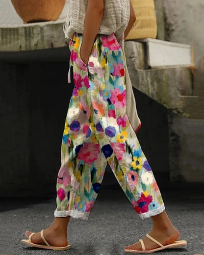 Femme Pantalon Ample à Imprimé Floral avec Taille Élastiquée