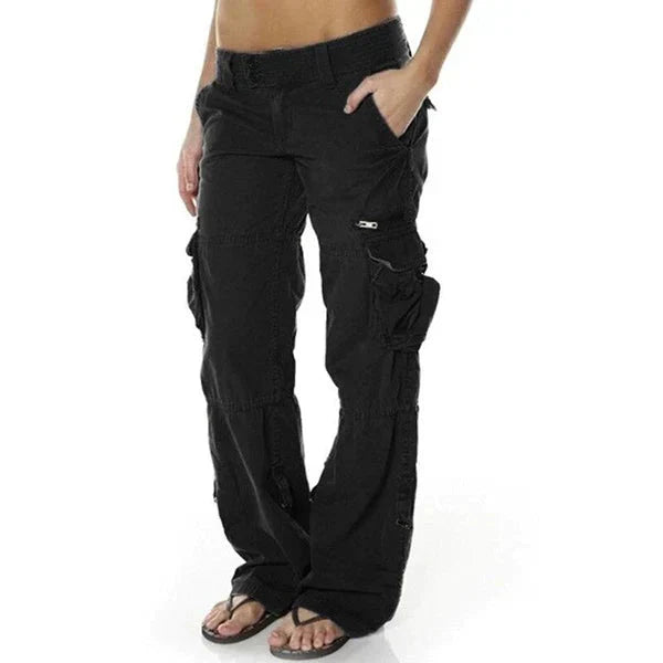 Femme Pantalon Cargo Long Taille Basse avec Poches Latérales