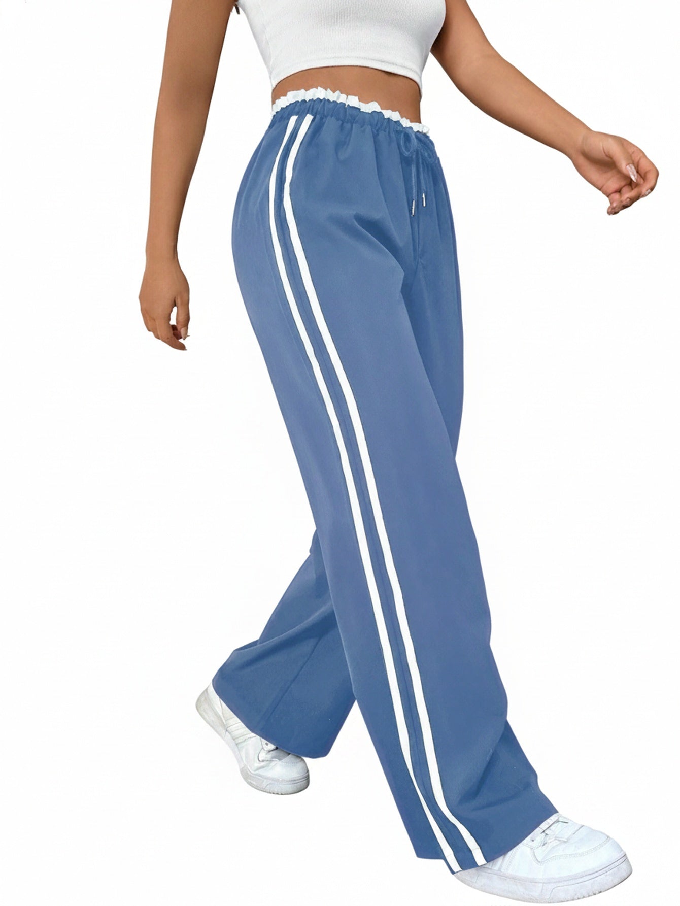 Femme Pantalon de Sport Large avec Bandes Latérales et Taille Élastique