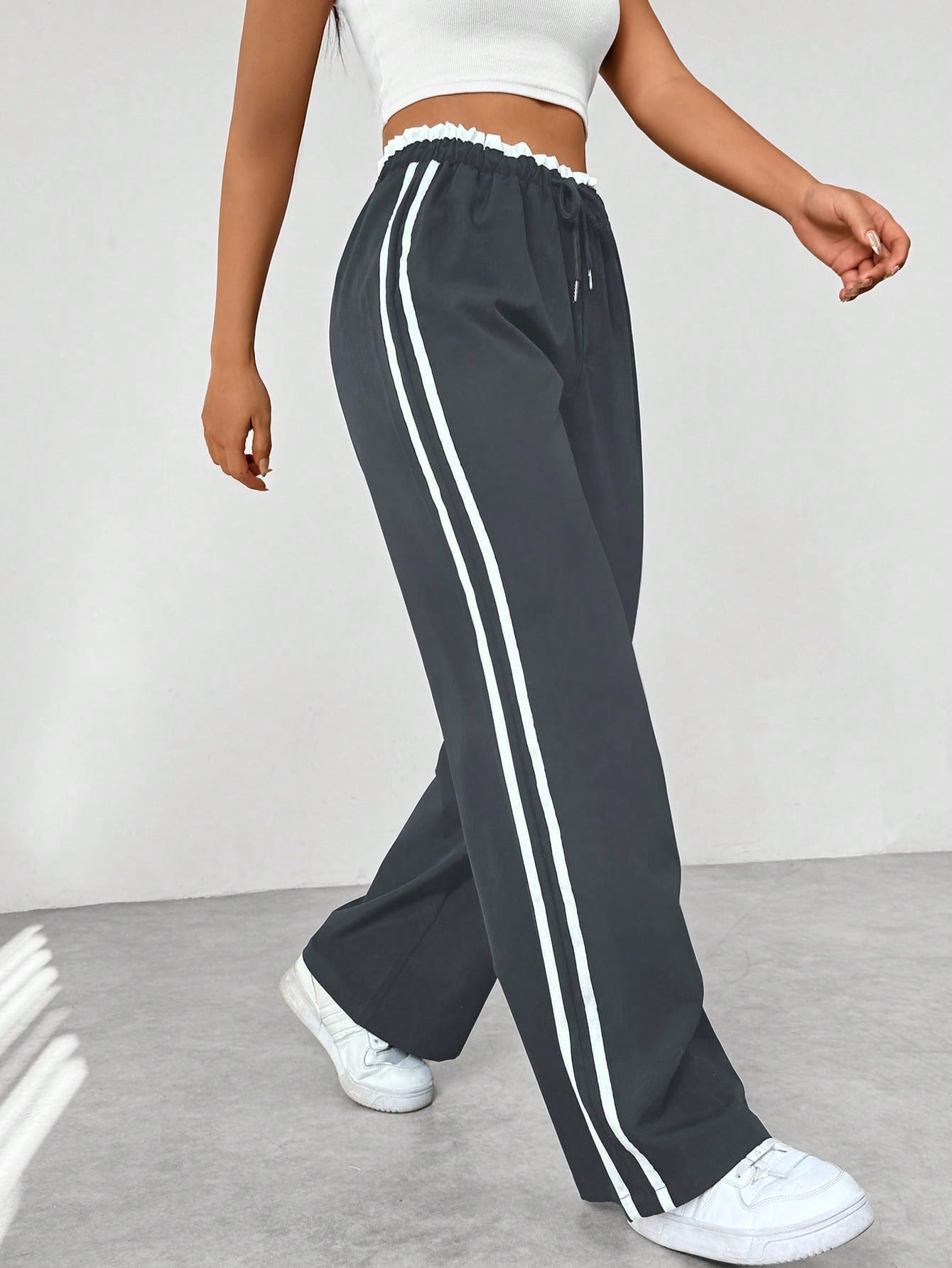 Femme Pantalon de Sport Large avec Bandes Latérales et Taille Élastique