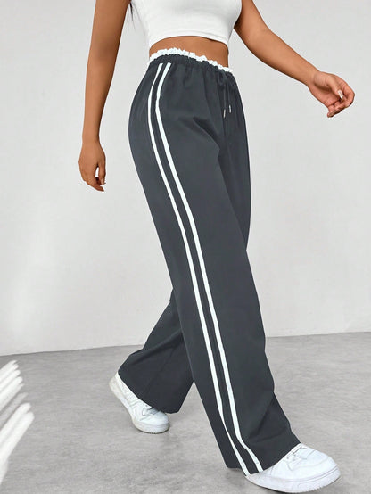 Femme Pantalon de Sport Large avec Bandes Latérales et Taille Élastique