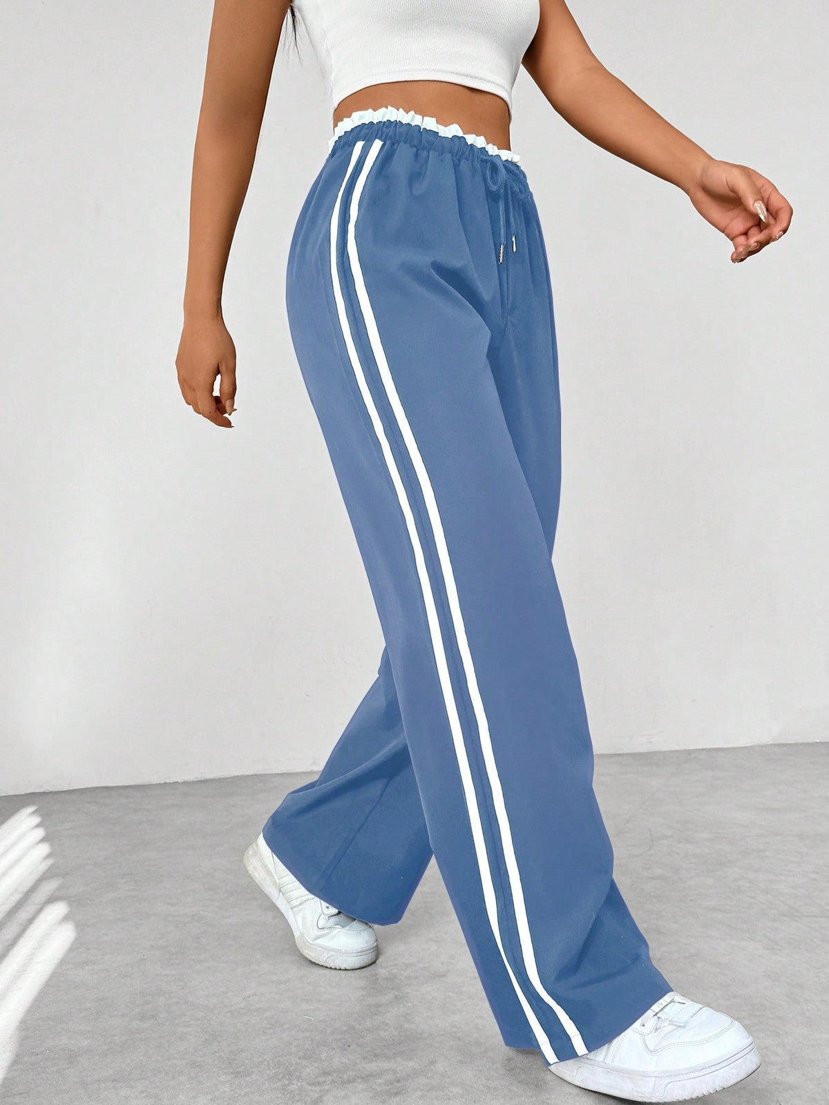 Femme Pantalon de Sport Large avec Bandes Latérales et Taille Élastique