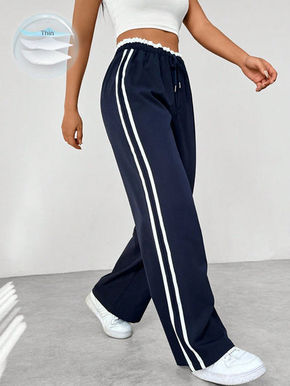 Femme Pantalon de Sport Large avec Bandes Latérales et Taille Élastique