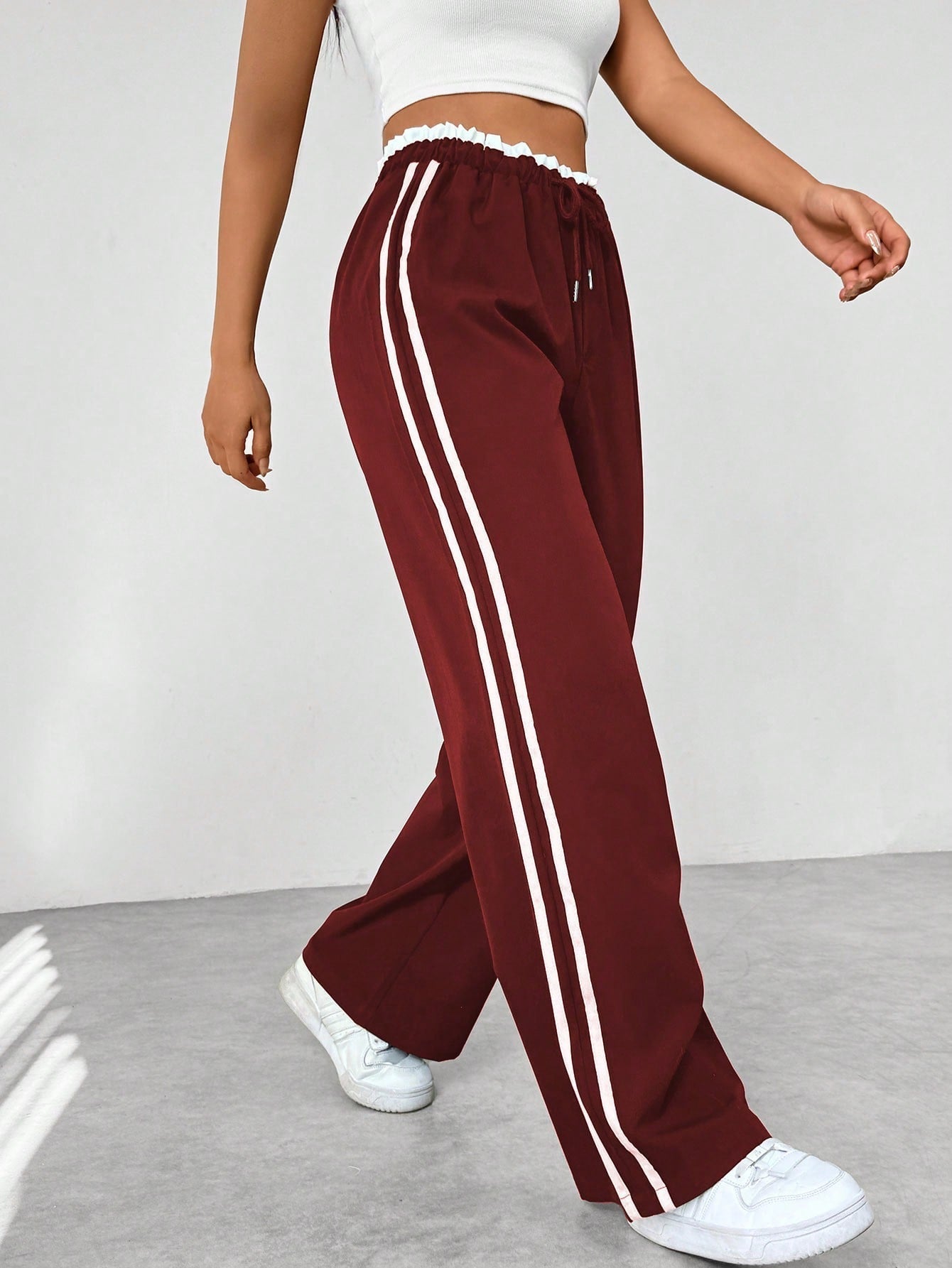 Femme Pantalon de Sport Large avec Bandes Latérales et Taille Élastique