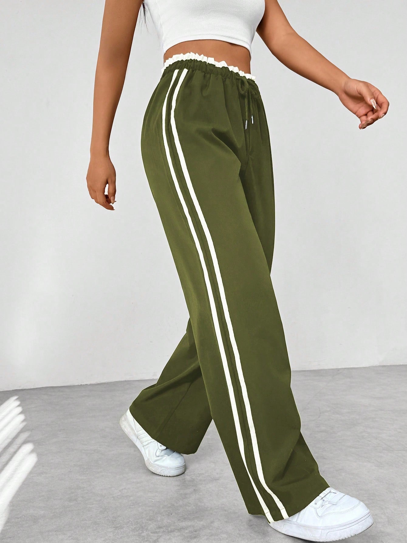 Femme Pantalon de Sport Large avec Bandes Latérales et Taille Élastique