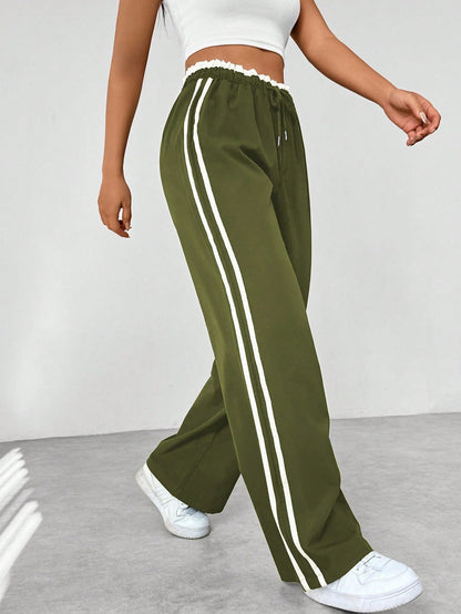 Femme Pantalon de Sport Large avec Bandes Latérales et Taille Élastique