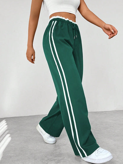Femme Pantalon de Sport Large avec Bandes Latérales et Taille Élastique