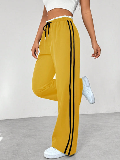 Femme Pantalon de Sport Large avec Bandes Latérales et Taille Élastique