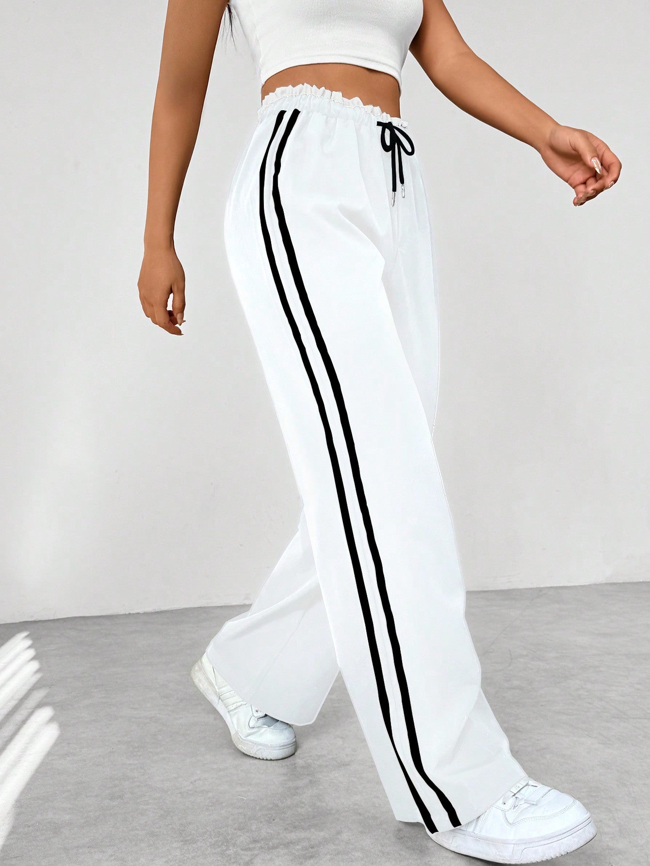 Femme Pantalon de Sport Large avec Bandes Latérales et Taille Élastique