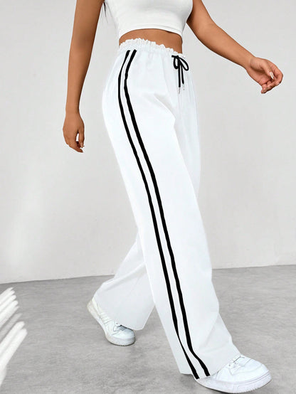 Femme Pantalon de Sport Large avec Bandes Latérales et Taille Élastique