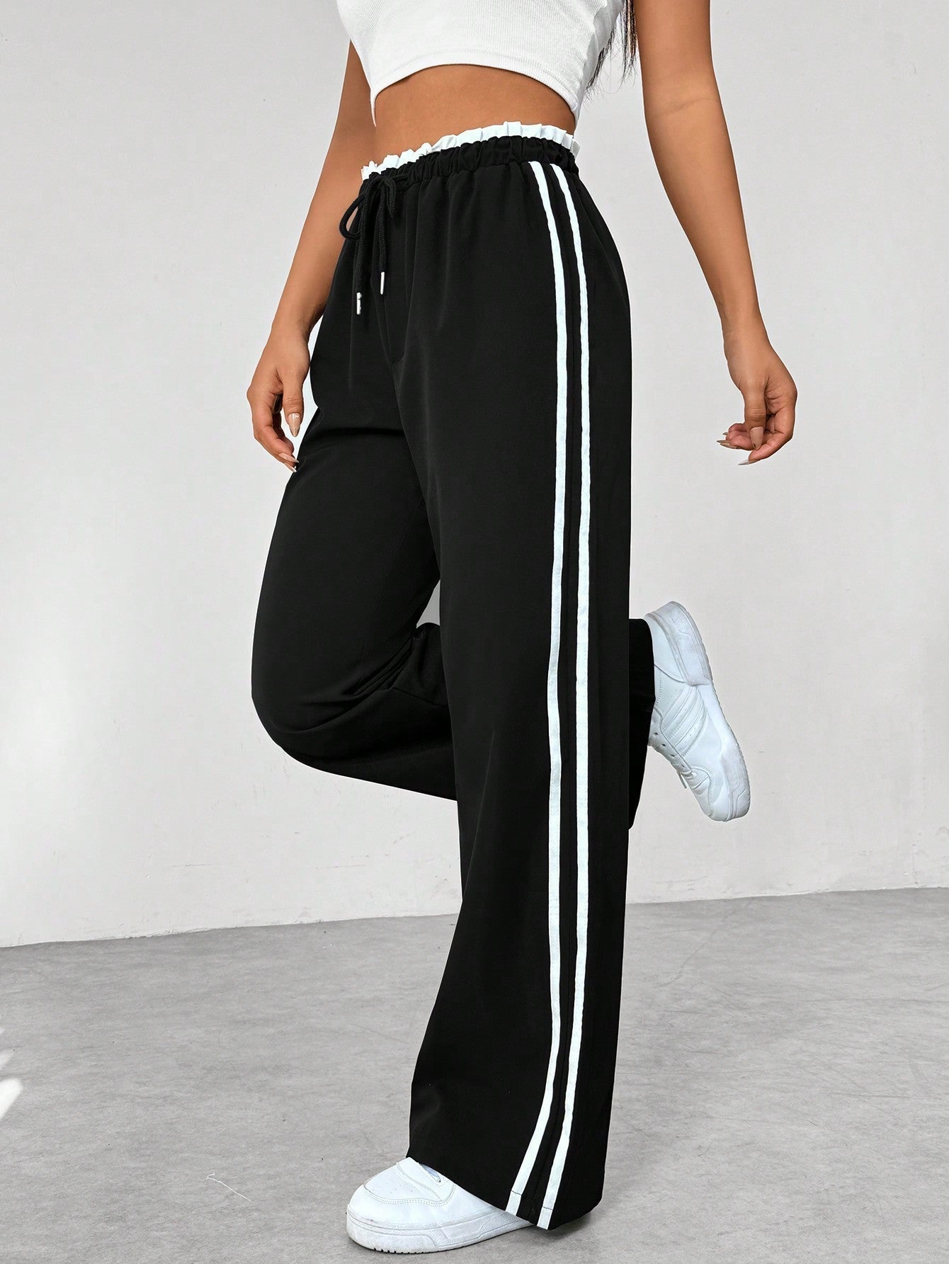 Femme Pantalon de Sport Large avec Bandes Latérales et Taille Élastique
