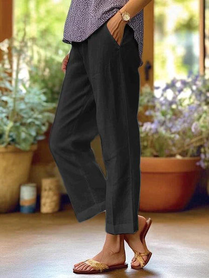 Femme Pantalon Droit Taille Élastique avec Poches