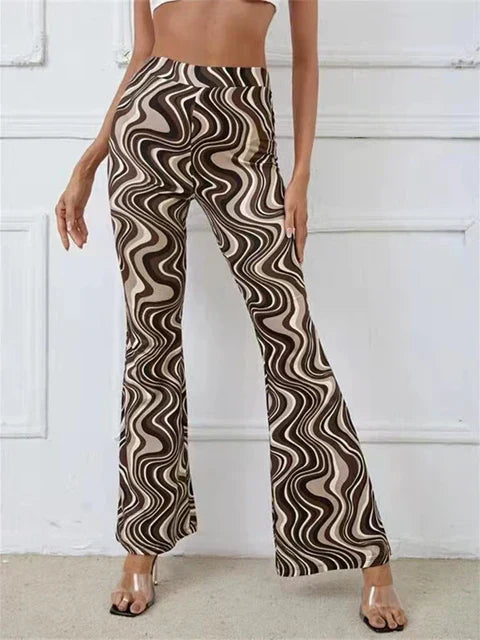 Femme Pantalon Évasé Taille Haute à Imprimé Ondulé