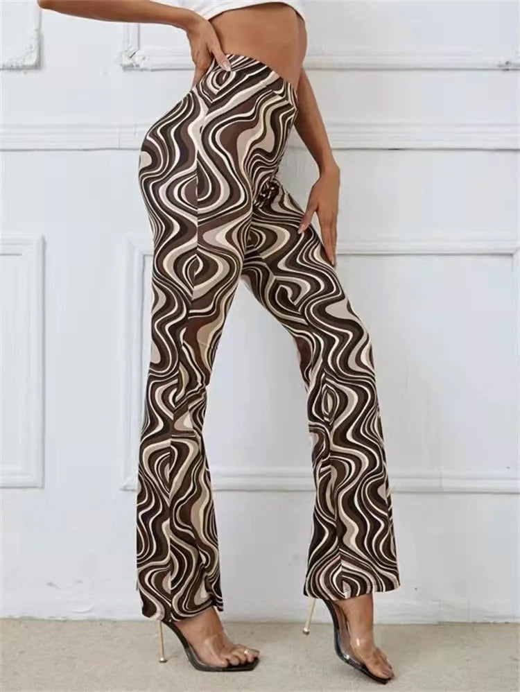 Femme Pantalon Évasé Taille Haute à Imprimé Ondulé