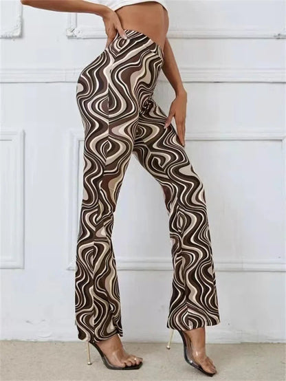 Femme Pantalon Évasé Taille Haute à Imprimé Ondulé