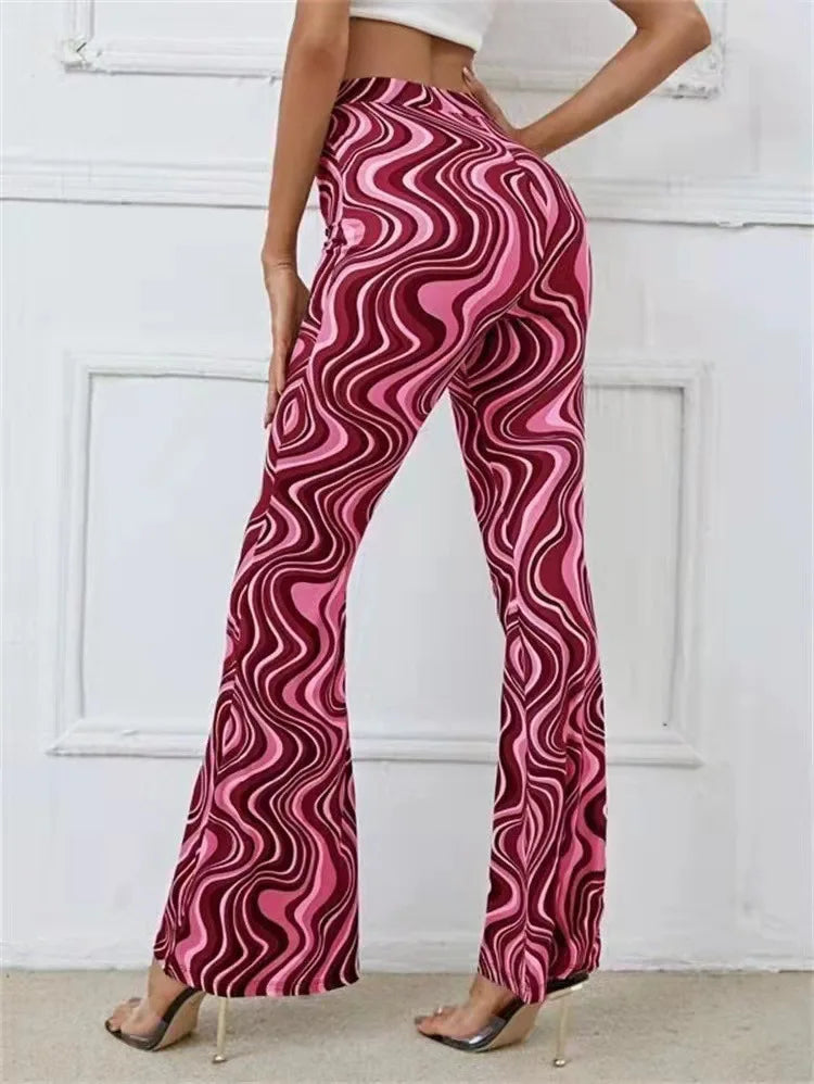 Femme Pantalon Évasé Taille Haute à Imprimé Ondulé