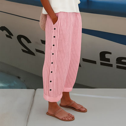 Femme Pantalon Large à Rayures avec Détail Boutons Taille Haute