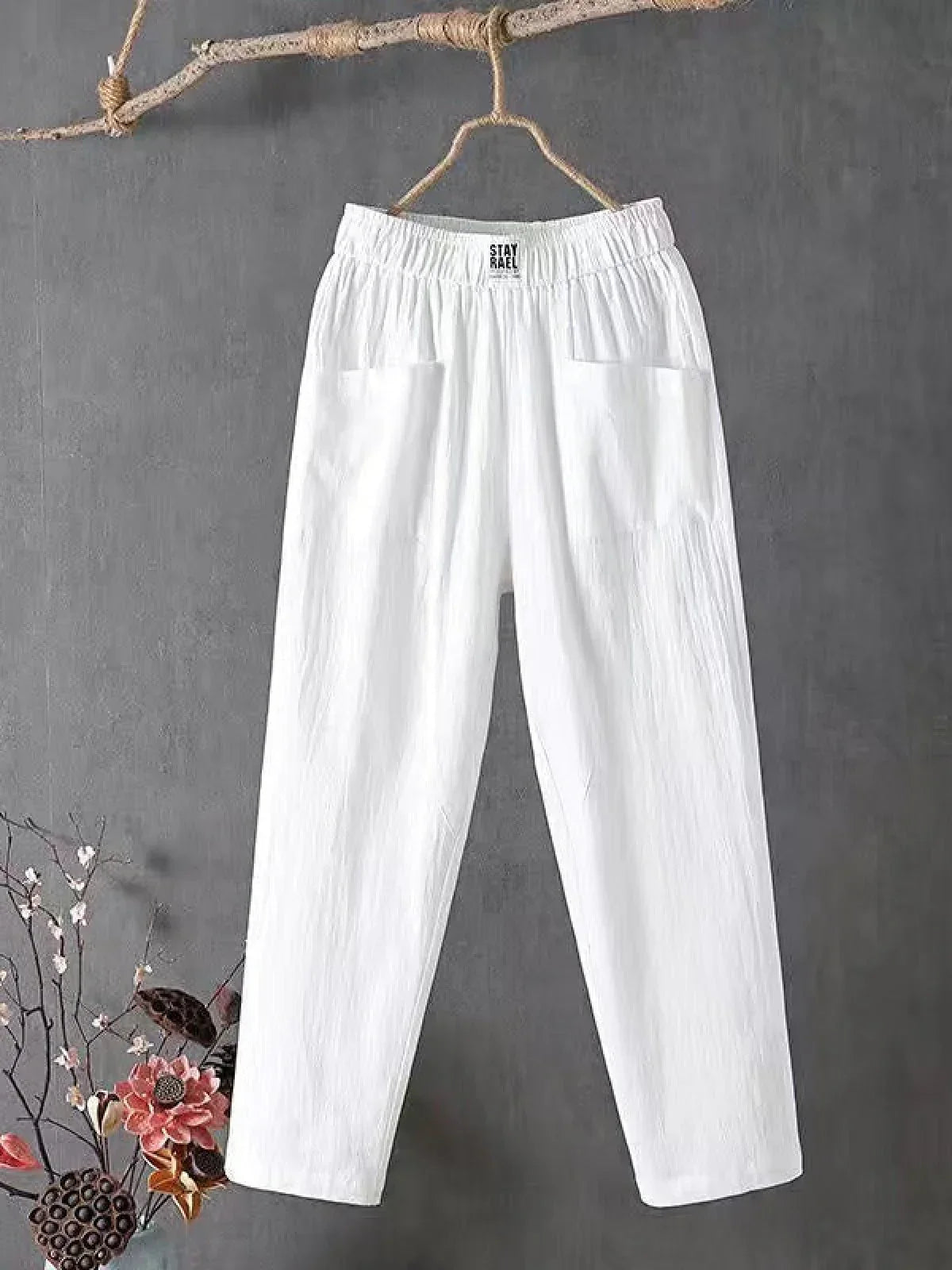 Femme Pantalon Large Taille Élastique avec Poches Plaquées