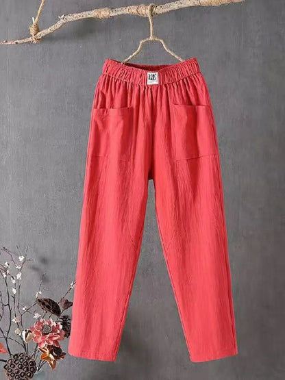 Femme Pantalon Large Taille Élastique avec Poches Plaquées