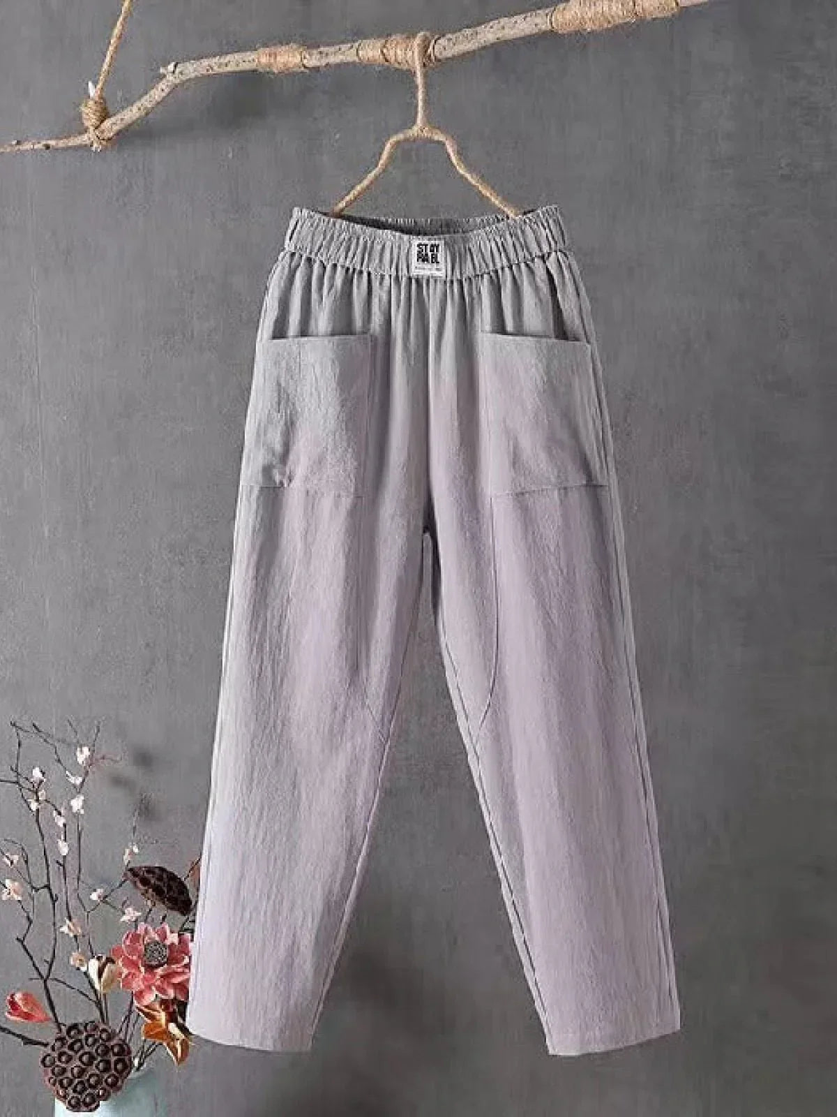 Femme Pantalon Large Taille Élastique avec Poches Plaquées