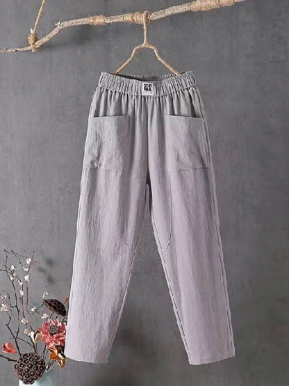 Femme Pantalon Large Taille Élastique avec Poches Plaquées