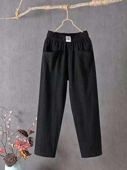 Femme Pantalon Large Taille Élastique avec Poches Plaquées