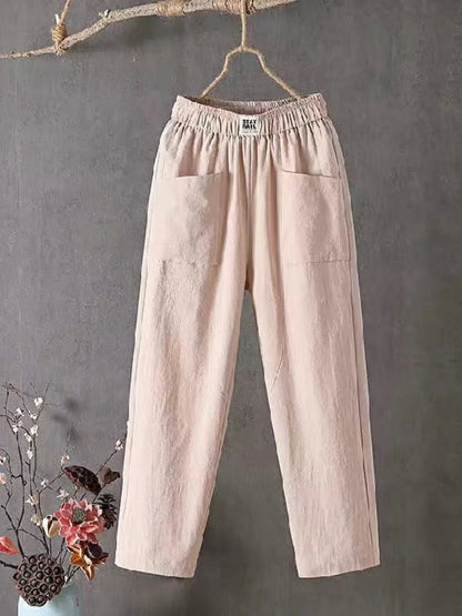 Femme Pantalon Large Taille Élastique avec Poches Plaquées