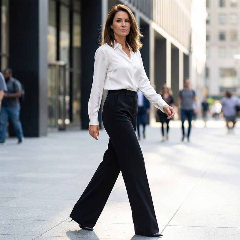 Femme Pantalon Large Taille Haute à Jambe Droite