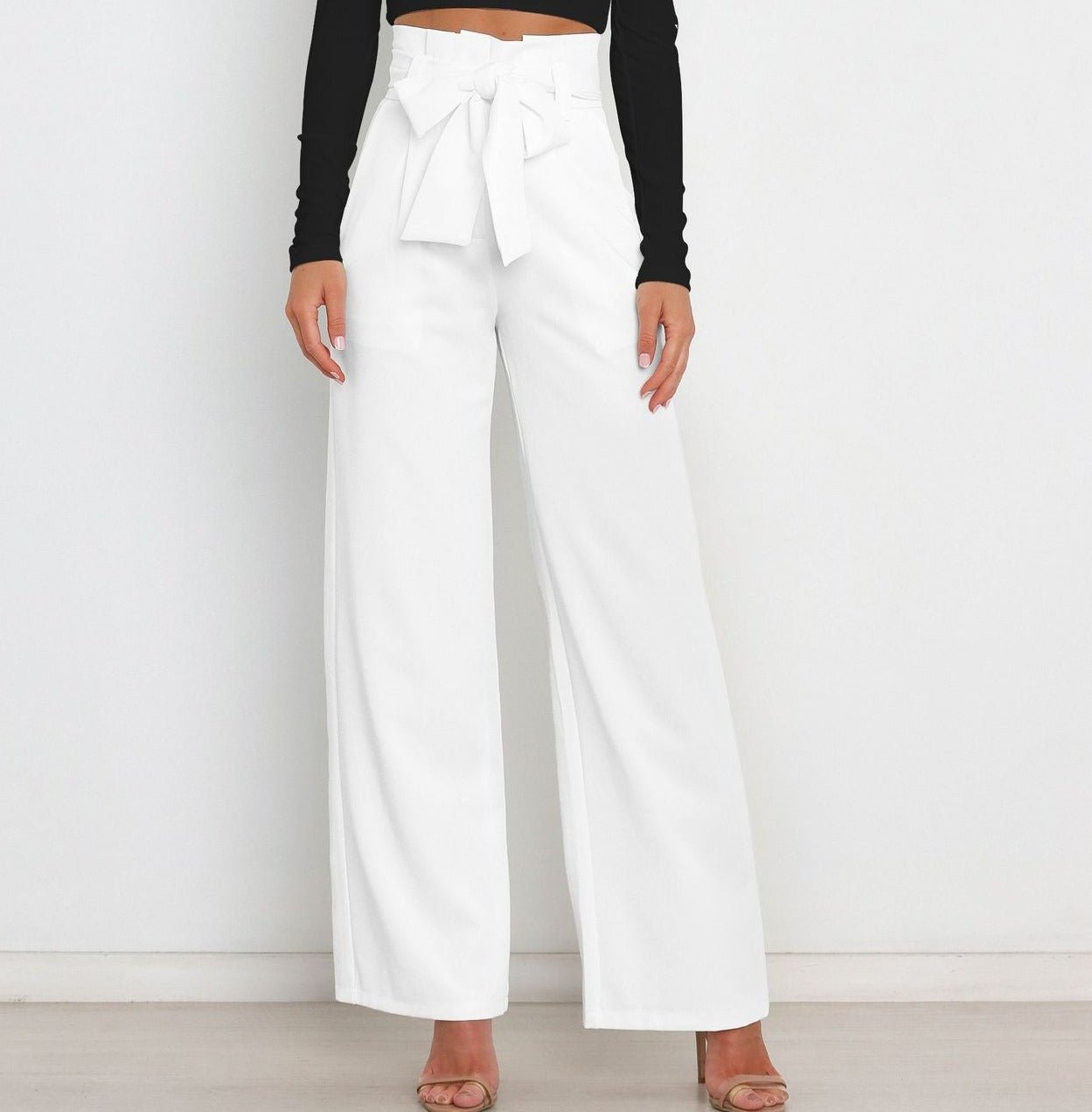 Femme Pantalon Large Taille Haute avec Ceinture Nouée