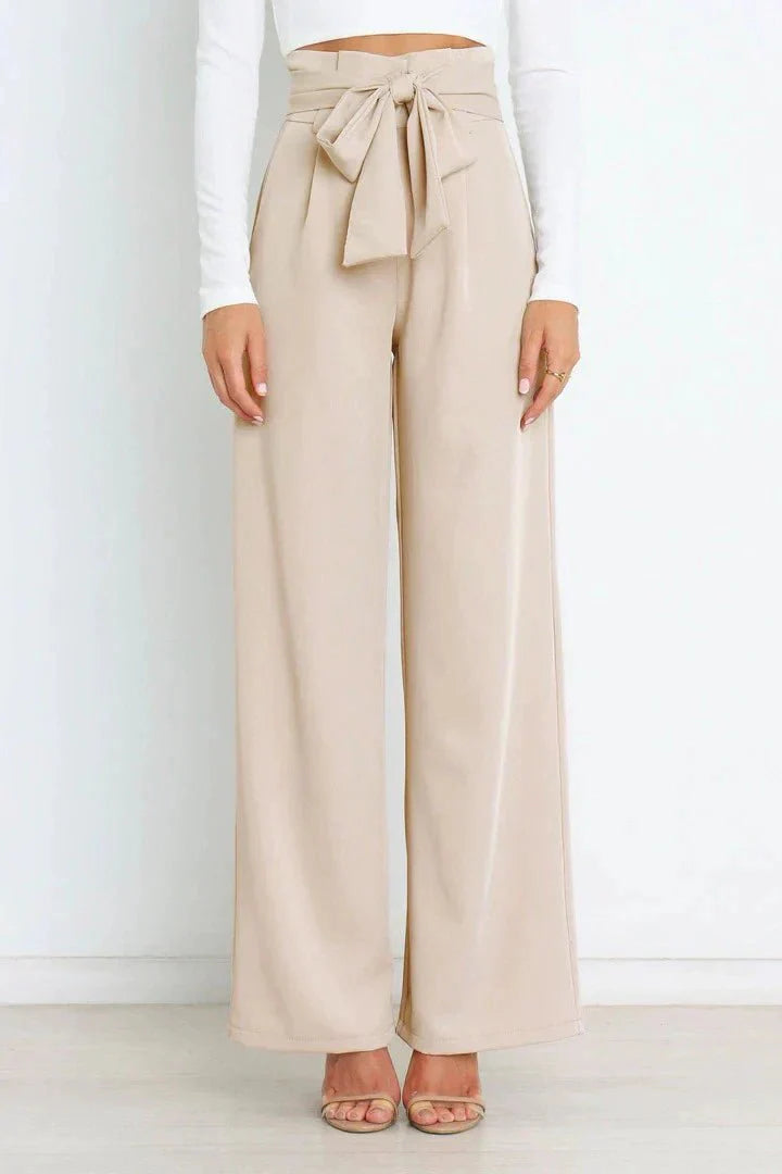 Femme Pantalon Large Taille Haute avec Ceinture Nouée