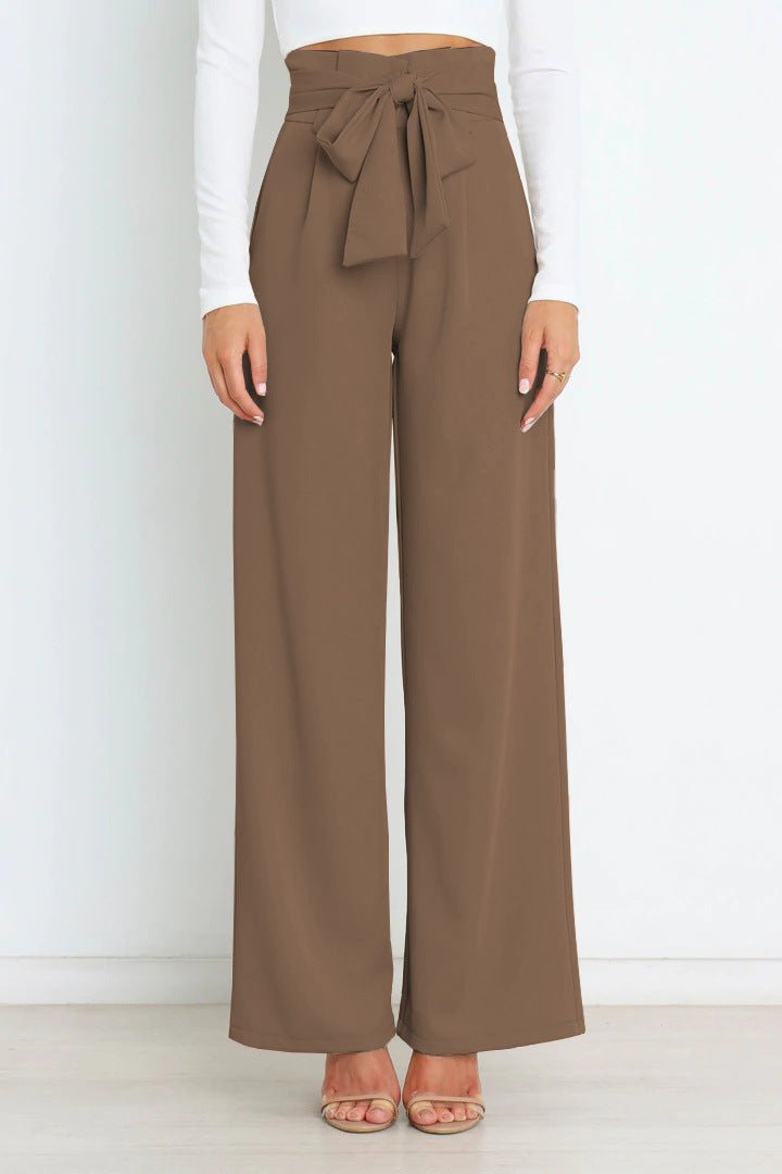 Femme Pantalon Large Taille Haute avec Ceinture Nouée
